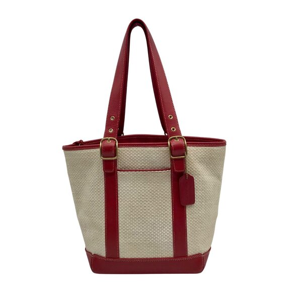 Coach Neutral And Red Cabana Straw Tote Bag 8908 - Picture 1 of 11
